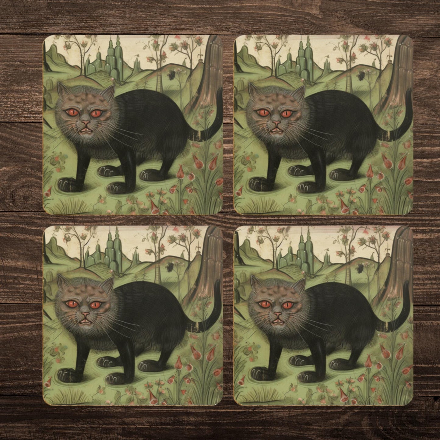 Dark academia coasters, Cat lover homeware, medieval-inspired coasters, unique cat gift, medieval art coasters, whimsical home decor