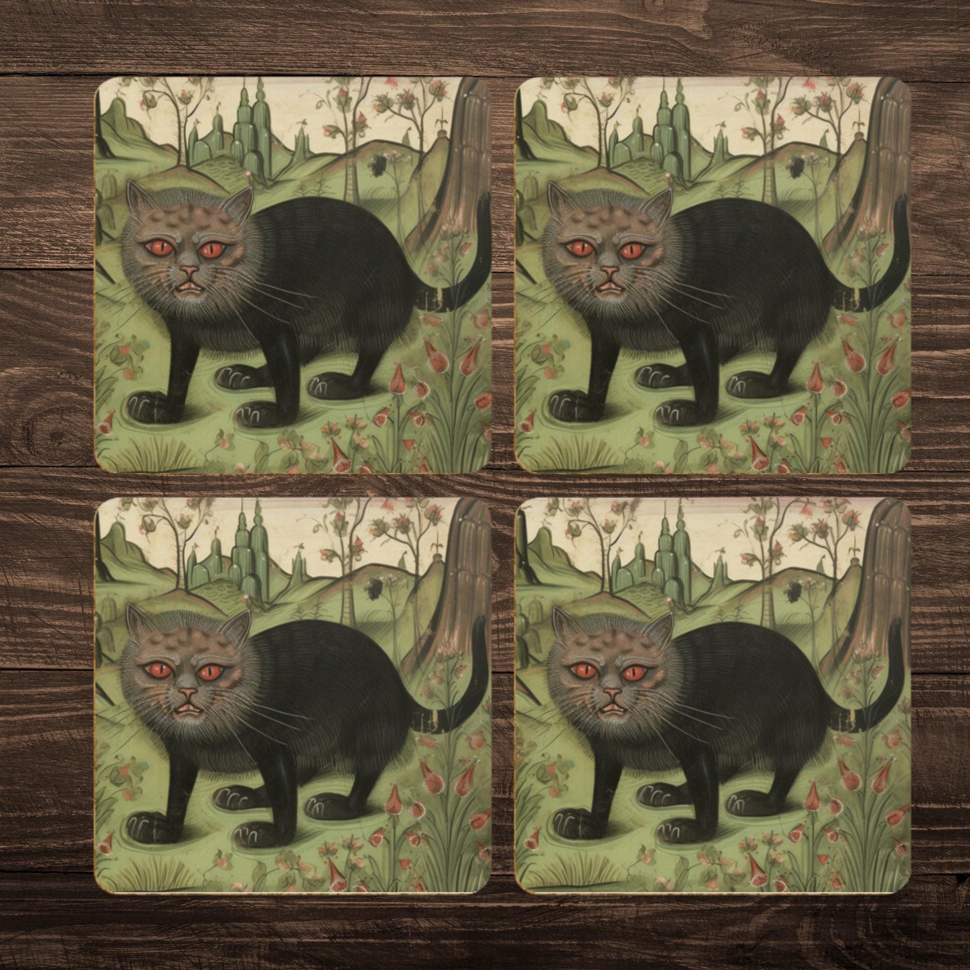 Dark academia coasters, Cat lover homeware, medieval-inspired coasters, unique cat gift, medieval art coasters, whimsical home decor
