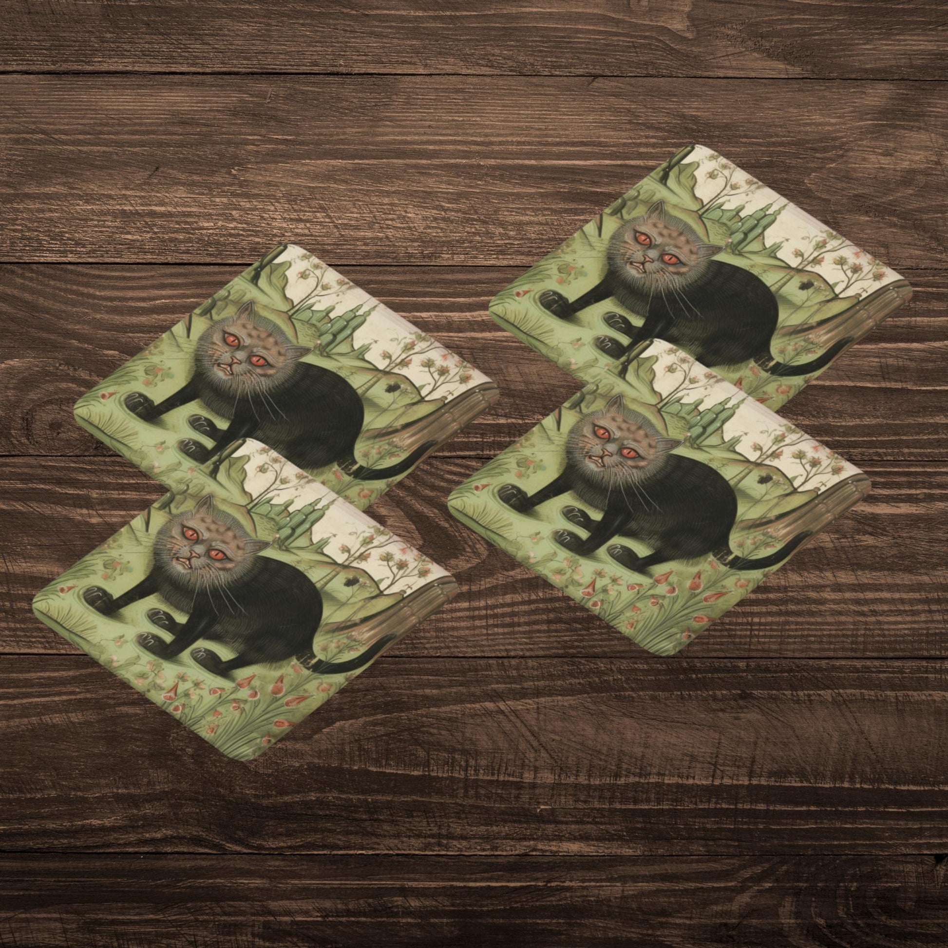 Feline-themed coasters, medieval aesthetic, unique gifts for cat lovers, home decor for history buffs, medieval-style cat art.