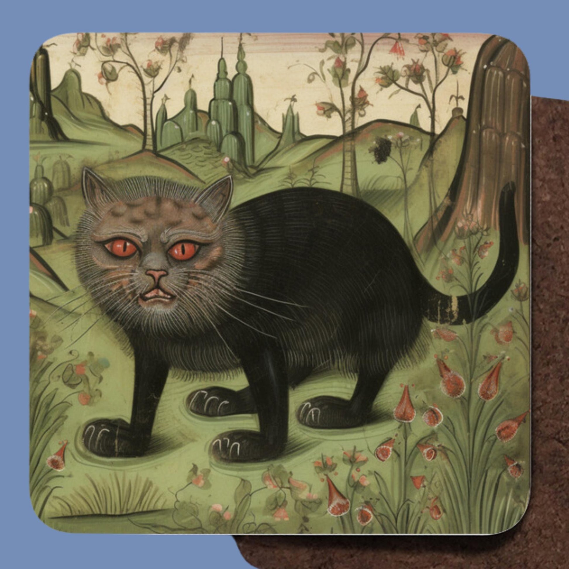 Black cat coaster set, medieval manuscript art, coasters for cat owners, medieval home decor, gifts for history buffs