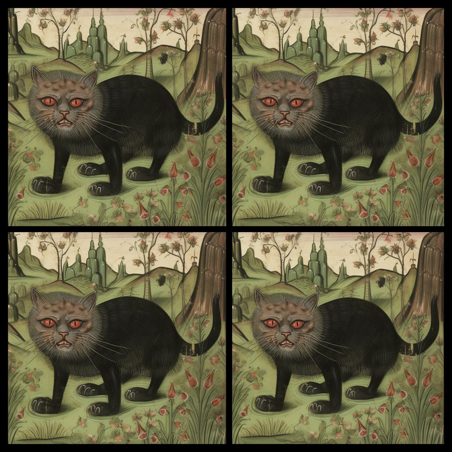 Medieval cat gifts, gothic-inspired coasters, art for cat lovers, quirky home accessories, historical cat decor