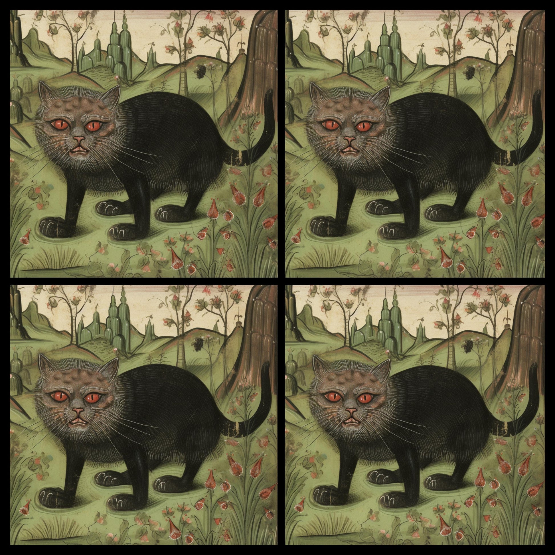 Medieval cat gifts, gothic-inspired coasters, art for cat lovers, quirky home accessories, historical cat decor