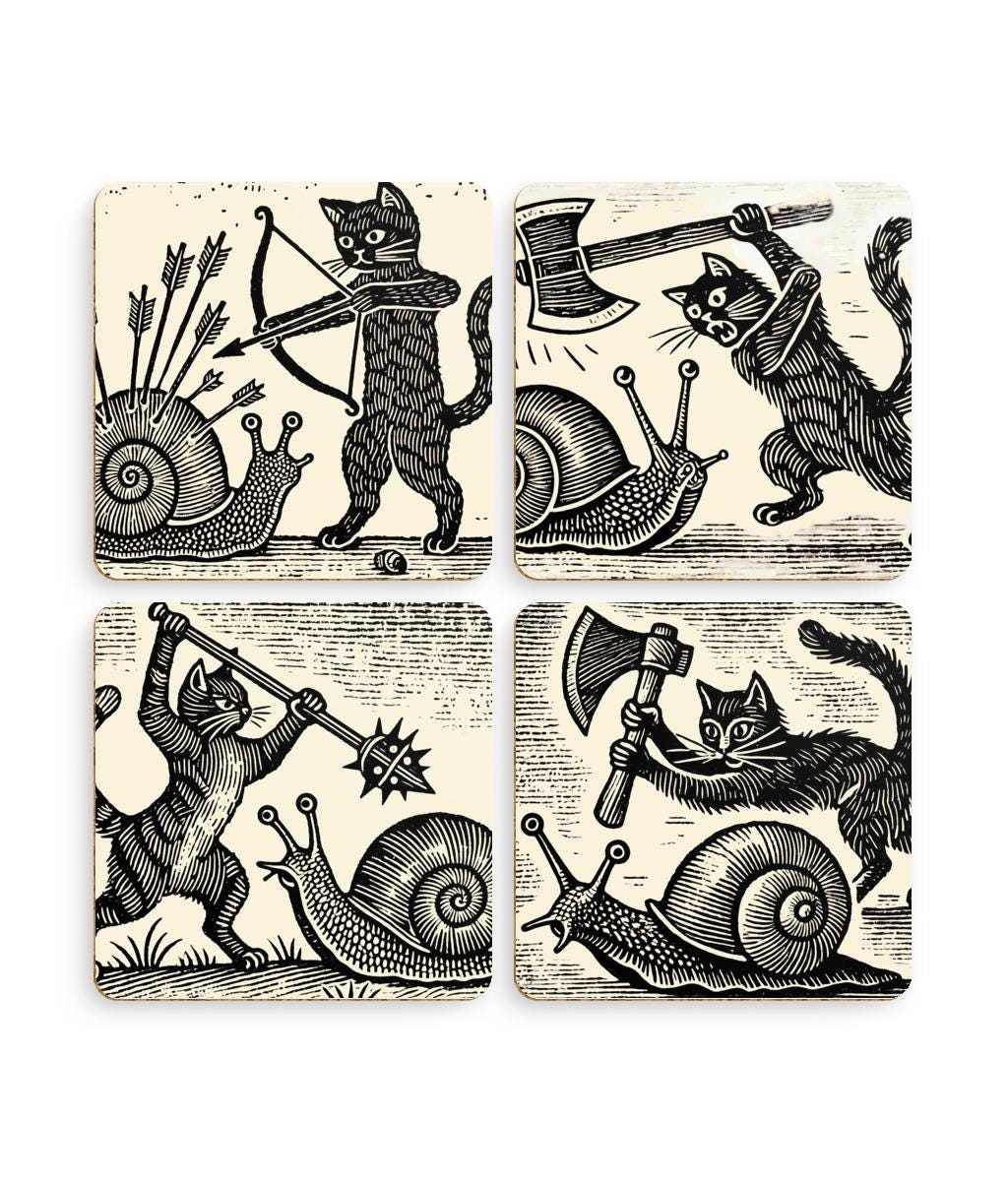 cat Christmas gift, cat lover birthday gift, Medieval cats and snails, quirky home décor coasters, black-and-white cat coasters, gift for cat enthusiasts, whimsical art coasters