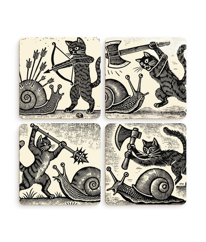 cat Christmas gift, cat lover birthday gift, Medieval cats and snails, quirky home décor coasters, black-and-white cat coasters, gift for cat enthusiasts, whimsical art coasters