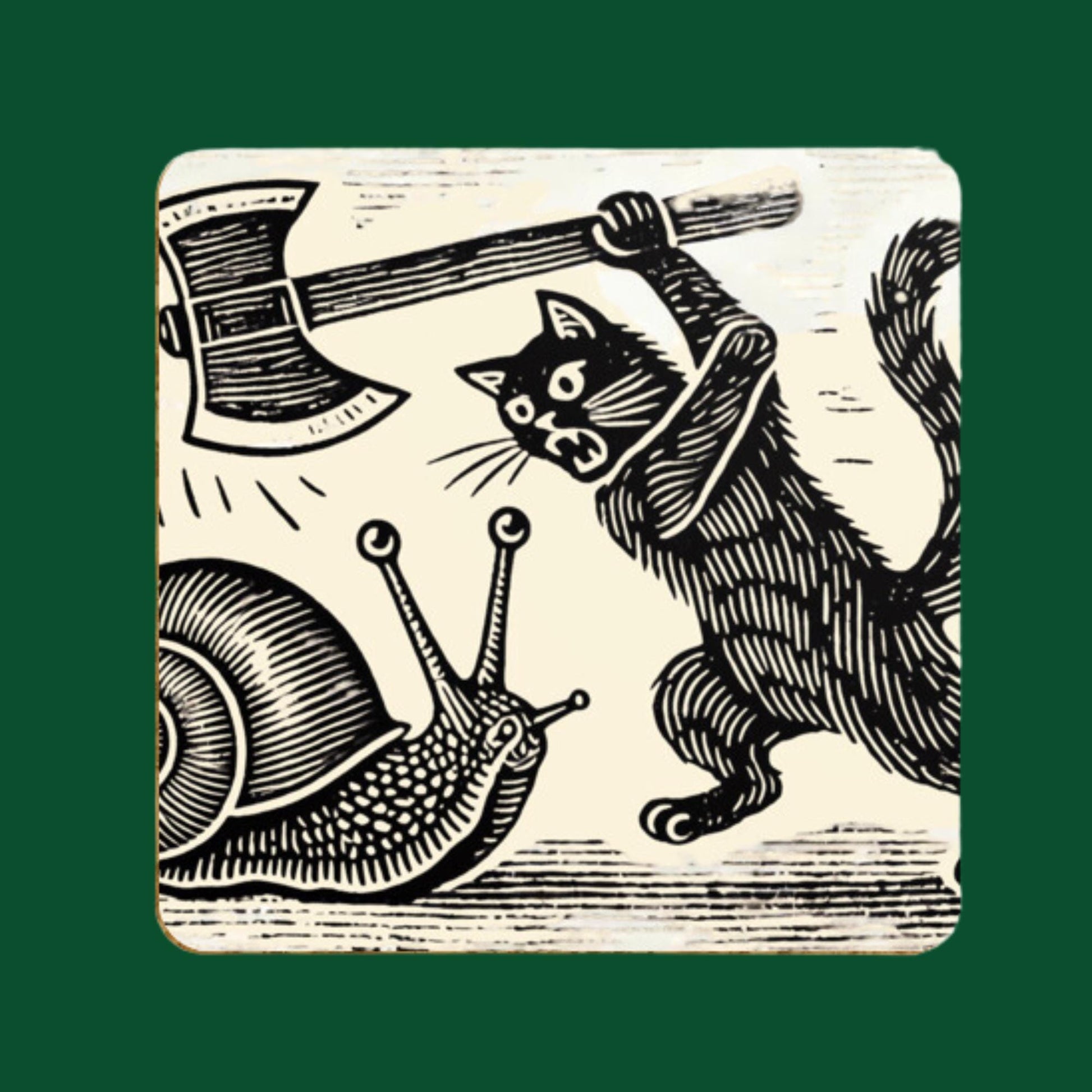 Unique cat gift, medieval-themed home décor, cat versus snail, eccentric coaster designs, cat lovers gift