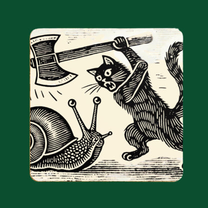 Unique cat gift, medieval-themed home décor, cat versus snail, eccentric coaster designs, cat lovers gift
