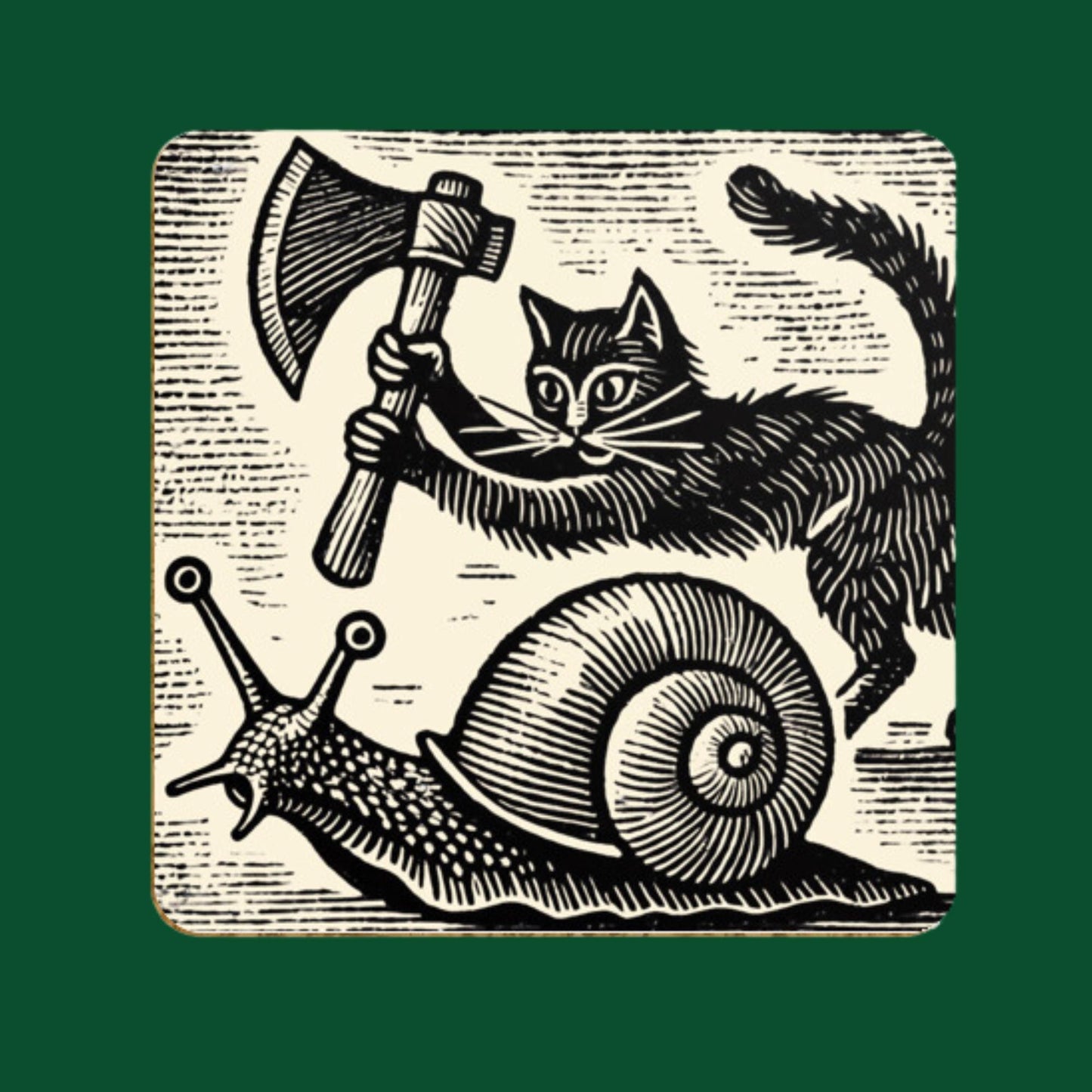 Medieval cat coasters, quirky snail battle, woodcut style coasters, cat and snail art, funny coaster set