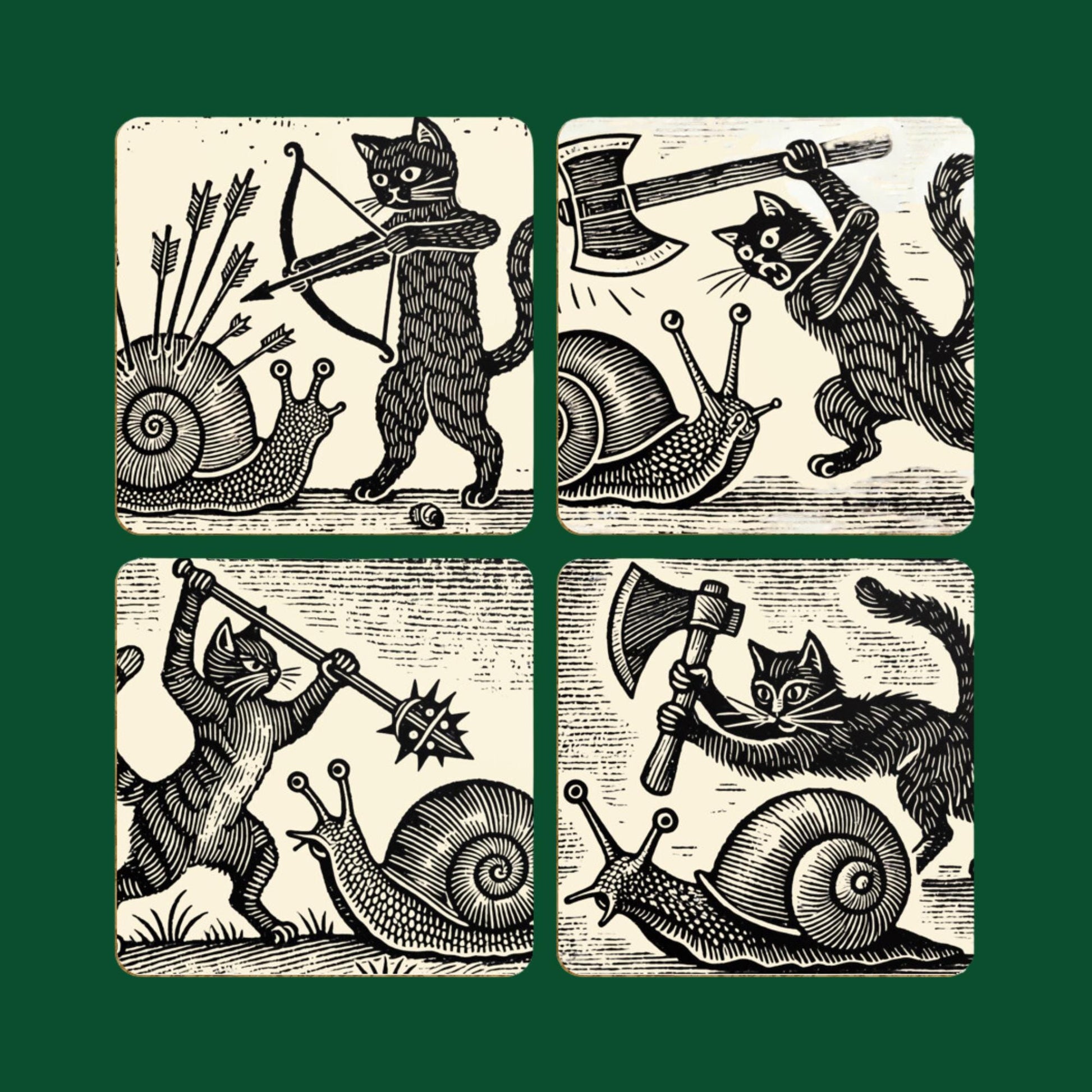 cat illustrations on coasters, medieval woodcut print, snail art coaster set, whimsical gifts
Cat warrior coasters, snail versus cat design.