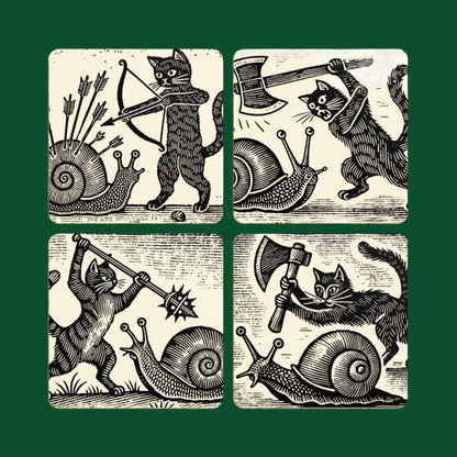 cat illustrations on coasters, medieval woodcut print, snail art coaster set, whimsical gifts
Cat warrior coasters, snail versus cat design.