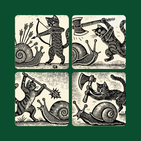 medieval cat coasters, quirky coasters, unique gift, medieval marginalia, funny home décor, cat lover gift, snail battle.