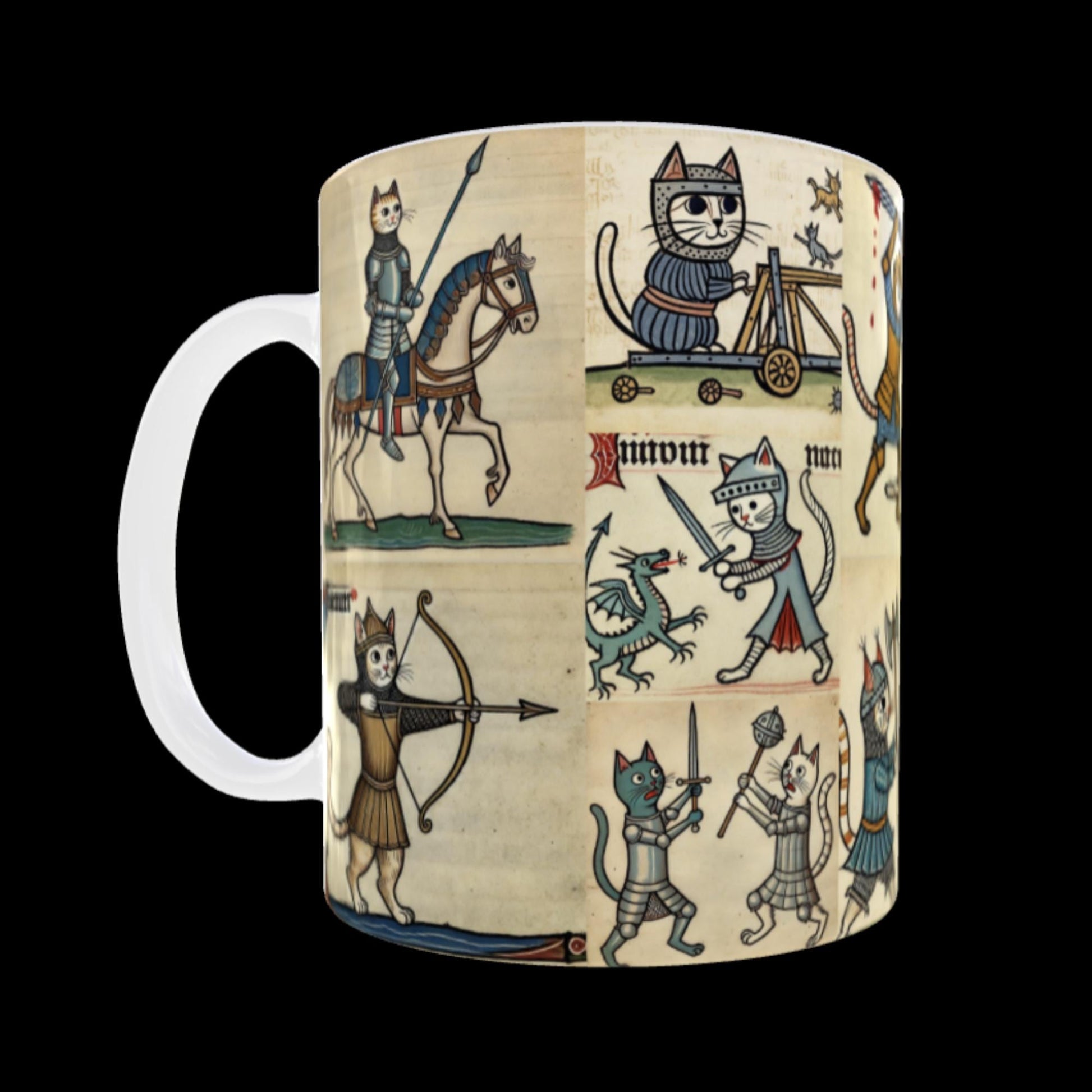 Medieval Marginalia Cat Art
Cat Knights Mug
Medieval Manuscript Illustration Mug
Whimsical Cat Mug
Unique Cat Lover Gift