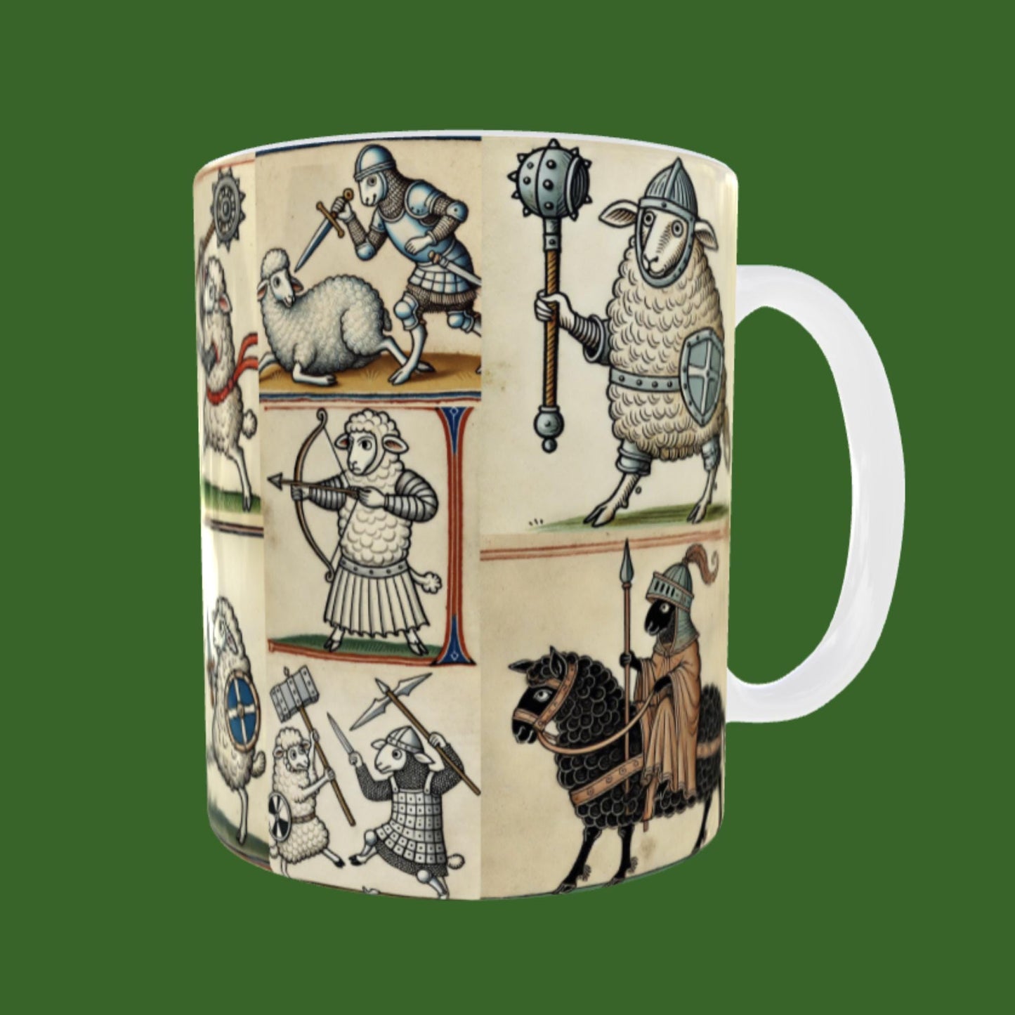 Humorous medieval-style artwork of sheep dressed as knights in various battle poses, wrapped around a ceramic coffee mug