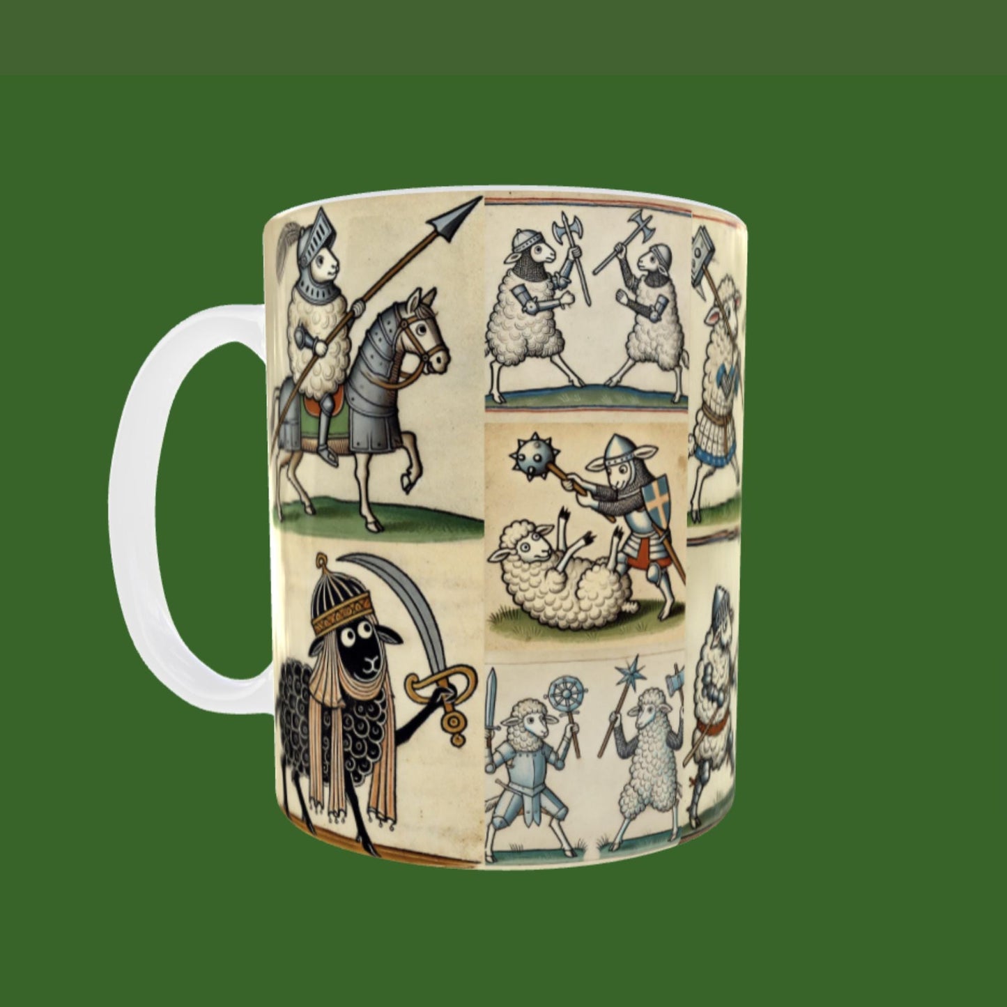 Sheep in knight armour battling with medieval weapons, in a detailed manuscript-style illustration on a ceramic mug