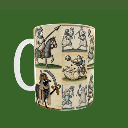 Sheep in knight armour battling with medieval weapons, in a detailed manuscript-style illustration on a ceramic mug
