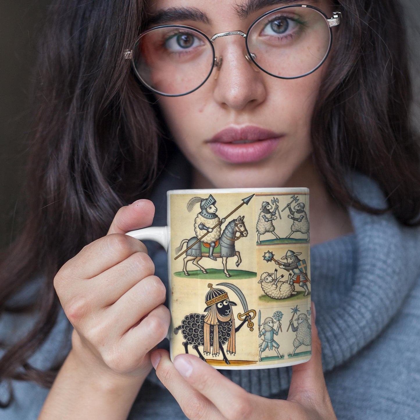 funny wrap-around mug design with sheep in armour as knights, inspired by medieval marginalia art, perfect for history lovers and fantasy fans