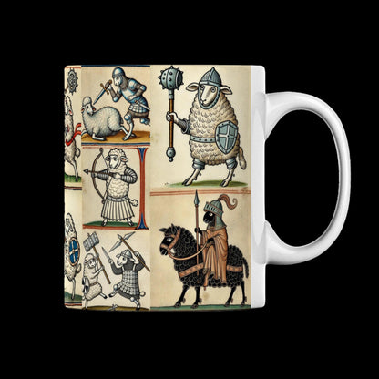 medieval sheep in marginalia style on a ceramic mug, sheep in armour fighting, sheep cavalry on horseback