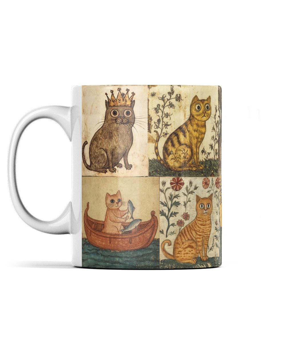 cat lover secret Santa gift, medieval cat mug, primitive cat art, cat fishing, cat and mouse, cat design