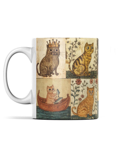 cat lover secret Santa gift, medieval cat mug, primitive cat art, cat fishing, cat and mouse, cat design