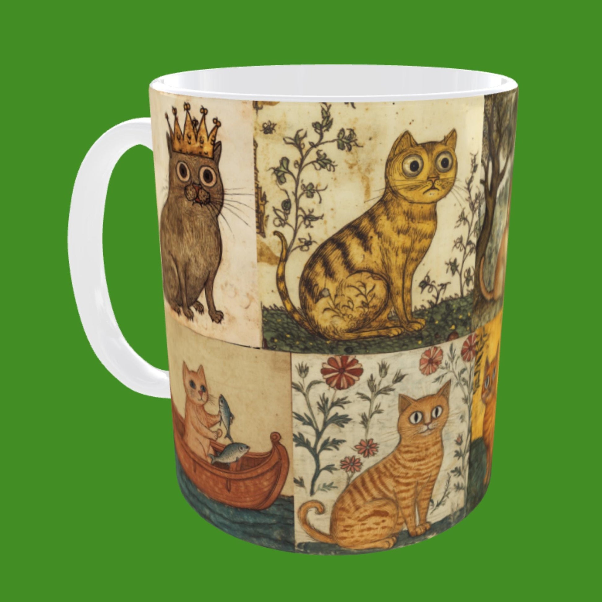 Cat illustration mug, vintage cat mugs, medieval cat decor, cat lover gifts medieval style, medieval feline art mug