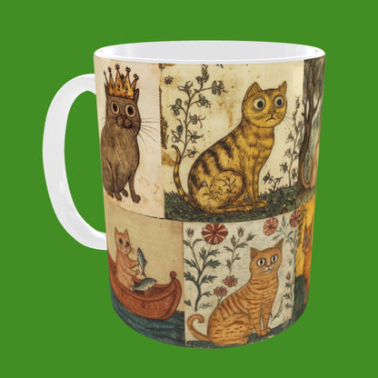 Cat illustration mug, vintage cat mugs, medieval cat decor, cat lover gifts medieval style, medieval feline art mug