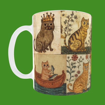 Medieval cats and castles, cat lovers coffee mug, cat gifts for medieval fans, quirky cat gifts for history lovers, ceramic medieval mug
