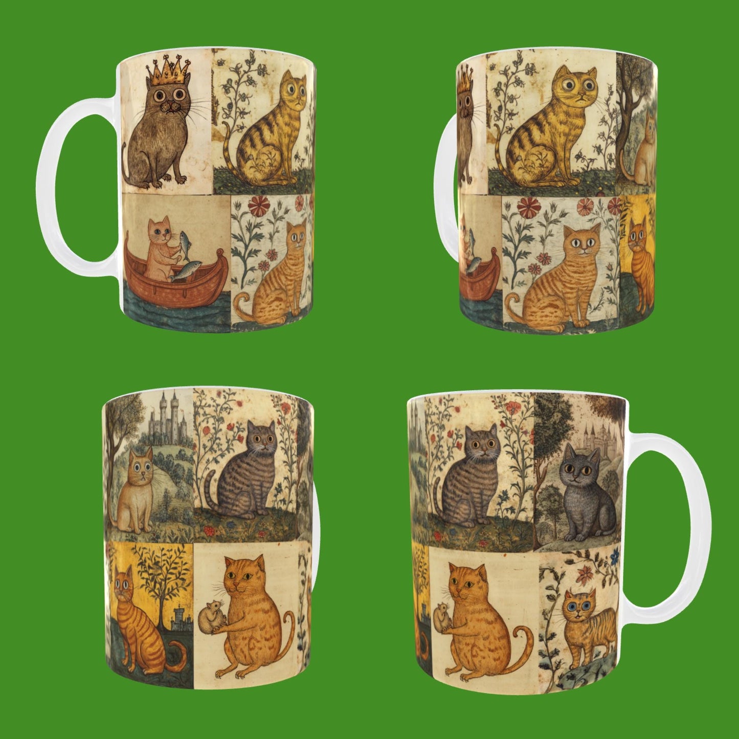 The Hum From The Hill mug, collage of medieval-style illustrations featuring various cats with wide eyes, in different poses. The cats are surrounded by floral motifs, medieval landscapes, castles, and decorative elements, reminiscent of marginalia.
