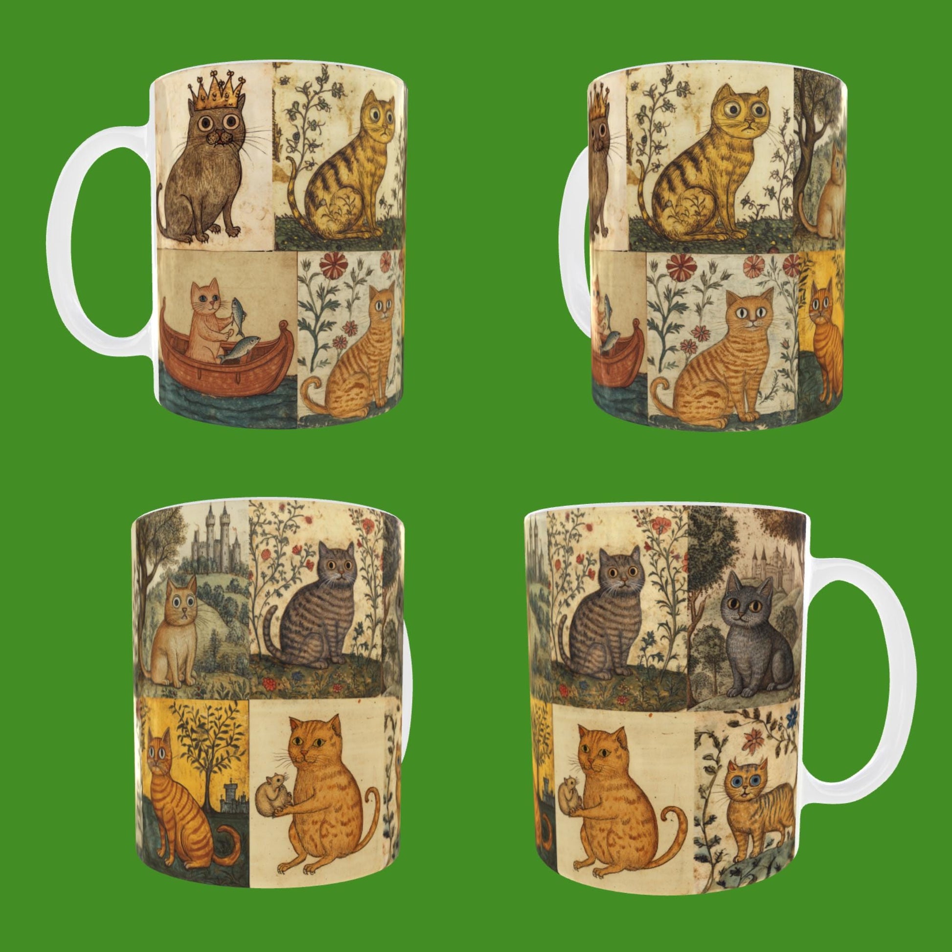 The Hum From The Hill mug, collage of medieval-style illustrations featuring various cats with wide eyes, in different poses. The cats are surrounded by floral motifs, medieval landscapes, castles, and decorative elements, reminiscent of marginalia.