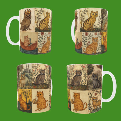 The Hum From The Hill mug, collage of medieval-style illustrations featuring various cats with wide eyes, in different poses. The cats are surrounded by floral motifs, medieval landscapes, castles, and decorative elements, reminiscent of marginalia.