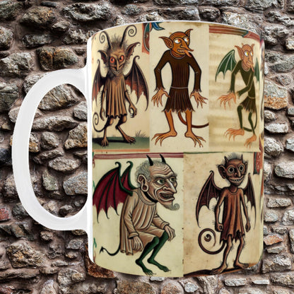 Wicked imps mug, medieval folklore drinkware, quirky imp artwork, primitive medieval design, historical fantasy mug
Grotesque creature art, fantasy imps cup, 11 oz drinkware gift, medieval aesthetic mug, illuminated art imp cup