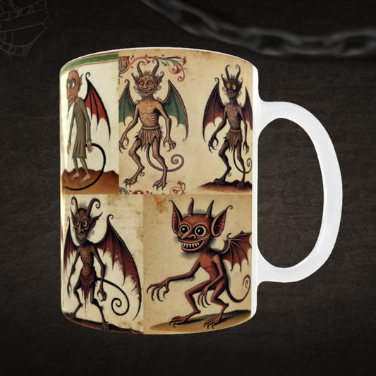 Medieval imps mug, 11 oz ceramic coffee mug, medieval art mug, illuminated manuscript mug, imp design mug, medieval history lovers gift, quirky coffee mug, folklore coffee mug, supernatural design, medieval manuscript-inspired art.