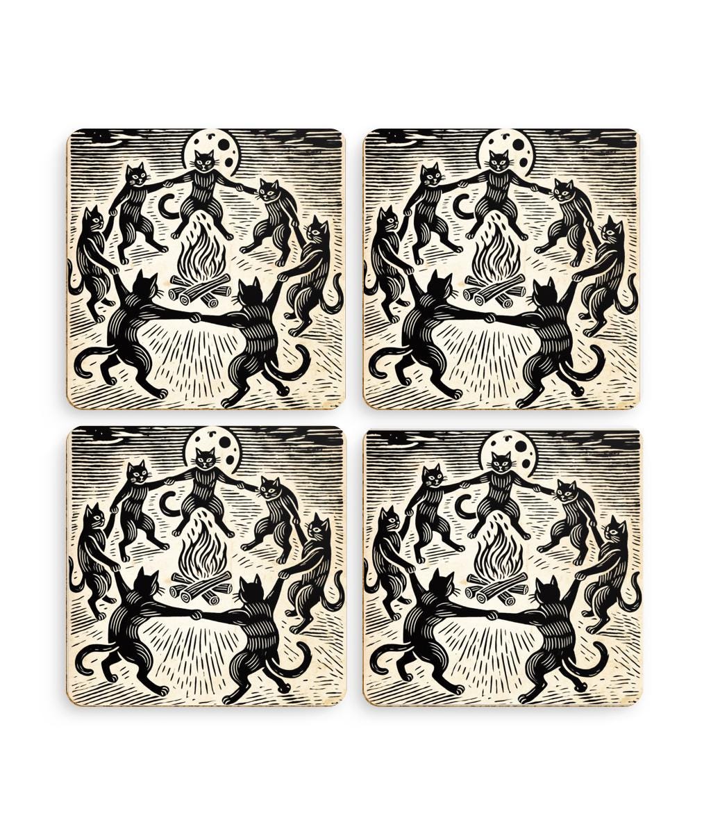 &quot;Occult-inspired coasters featuring black cats in a whimsical woodcut-style dance around a bonfire beneath a glowing full moon. Perfect for witchy, gothic, and spooky aesthetics