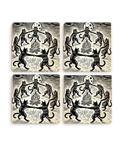 &quot;Occult-inspired coasters featuring black cats in a whimsical woodcut-style dance around a bonfire beneath a glowing full moon. Perfect for witchy, gothic, and spooky aesthetics