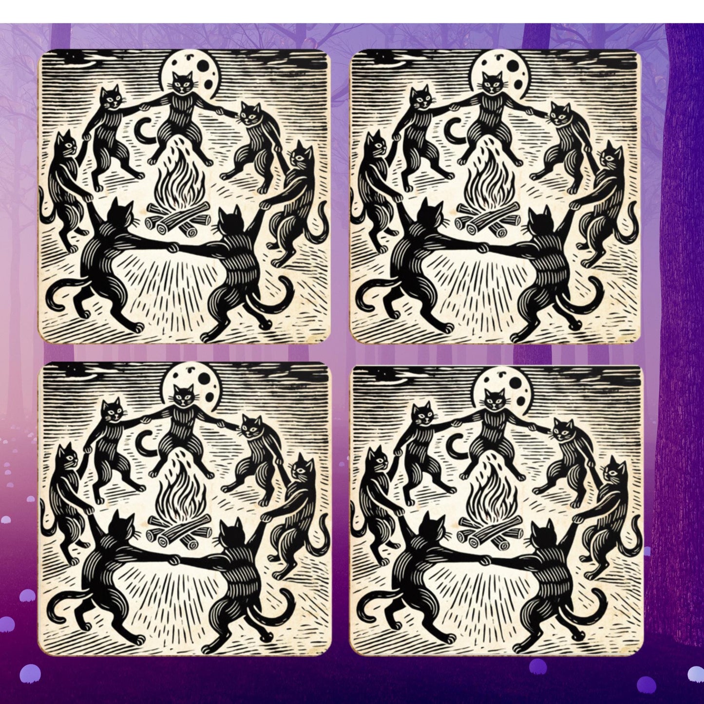 Occult-themed coasters set with black cats dancing around a fire under a full moon in a spooky, vintage woodcut design. Perfect for witchcraft lovers