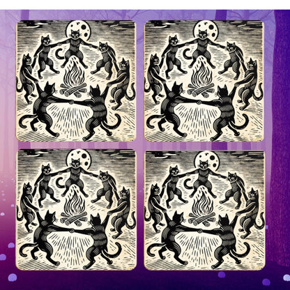 Occult-themed coasters set with black cats dancing around a fire under a full moon in a spooky, vintage woodcut design. Perfect for witchcraft lovers