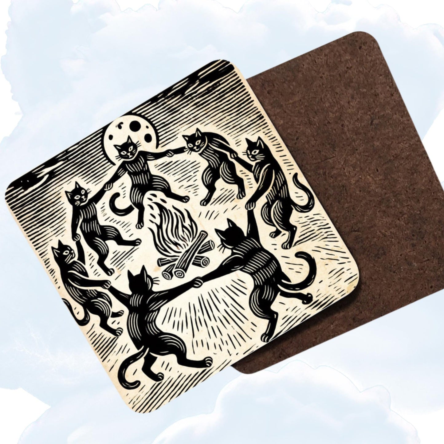 Black cats dance around a fire in this set of 4 coasters, perfect for those who love spooky, gothic, and witchcraft-themed décor, designed in a classic woodcut style