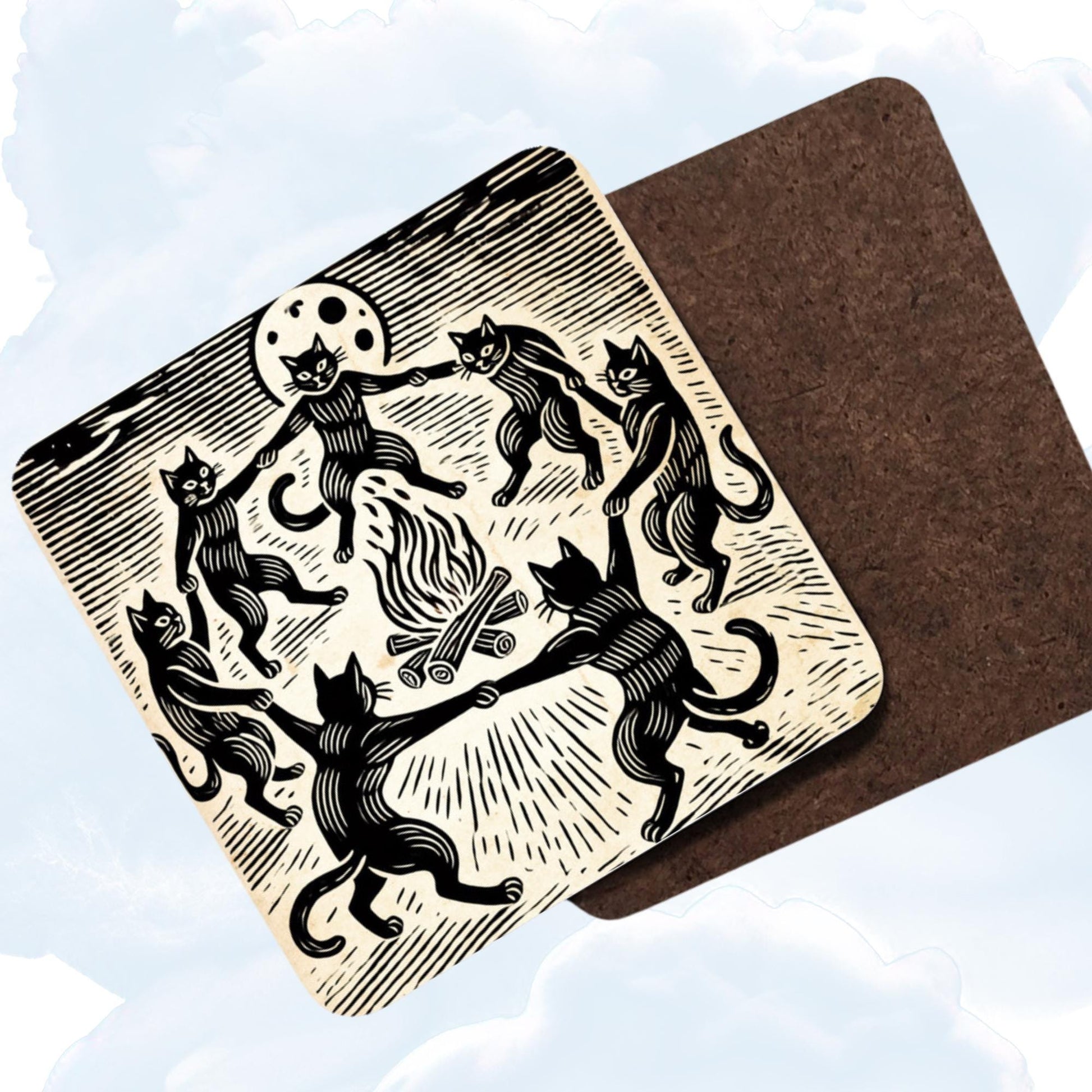 Black cats dance around a fire in this set of 4 coasters, perfect for those who love spooky, gothic, and witchcraft-themed décor, designed in a classic woodcut style