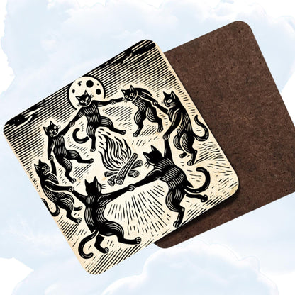 Black cats dance around a fire in this set of 4 coasters, perfect for those who love spooky, gothic, and witchcraft-themed décor, designed in a classic woodcut style