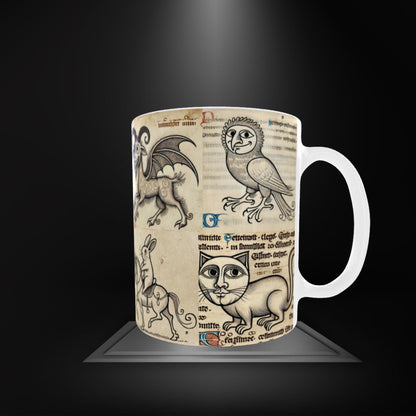 funny coffee mug, medieval manuscript animals, weird animal art, quirky gift ideas, whimsical medieval design
