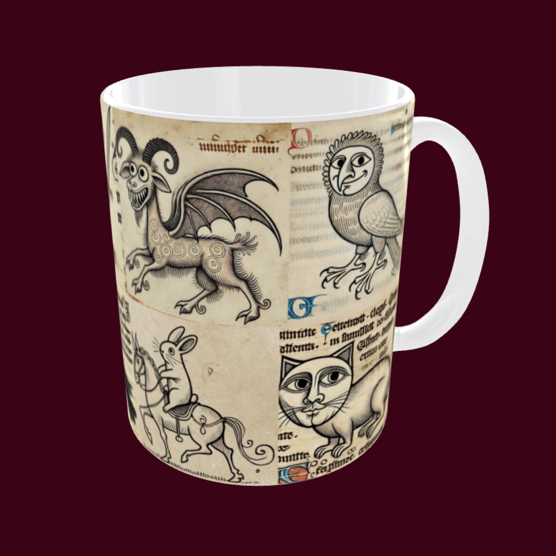 whimsical art mug, medieval animal drawings, quirky medieval gifts, unique medieval art, historical illustration mug