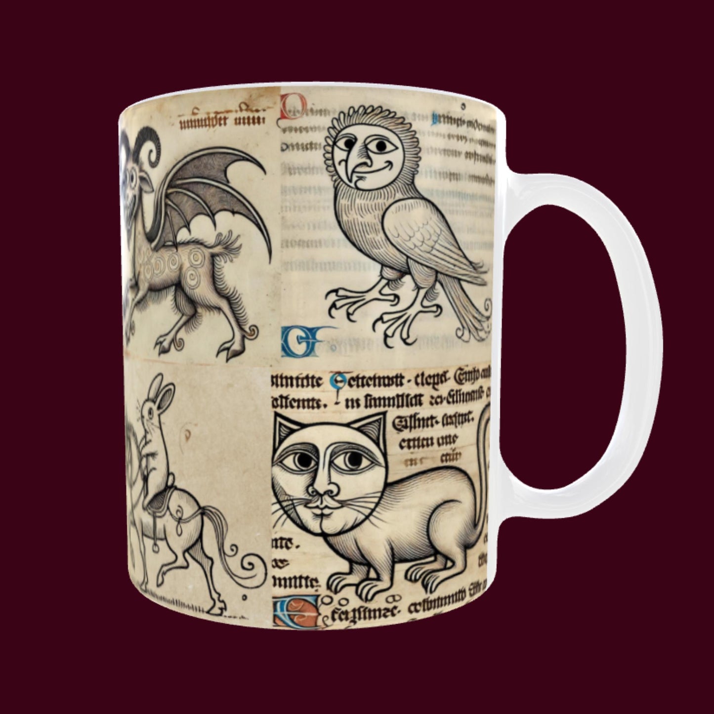 weird medieval creatures, medieval art for collectors, novelty ceramic mugs, funny medieval design, historical artwork