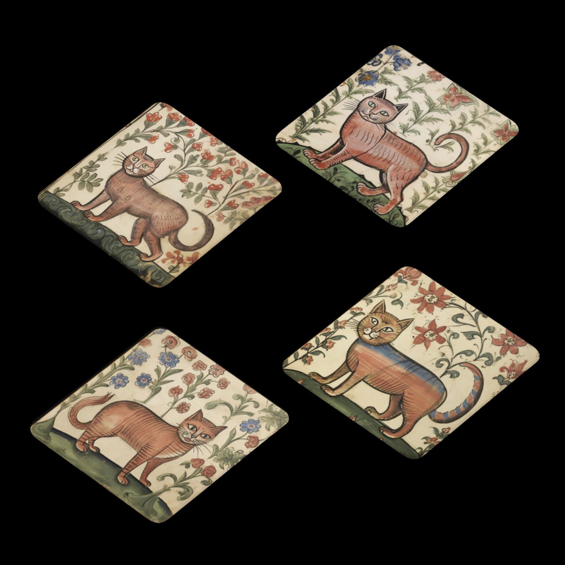 cat Christmas gift, cat lover birthday gift, cat coasters, medieval manuscript-inspired, feline art decor, quirky gift ideas, floral design coasters