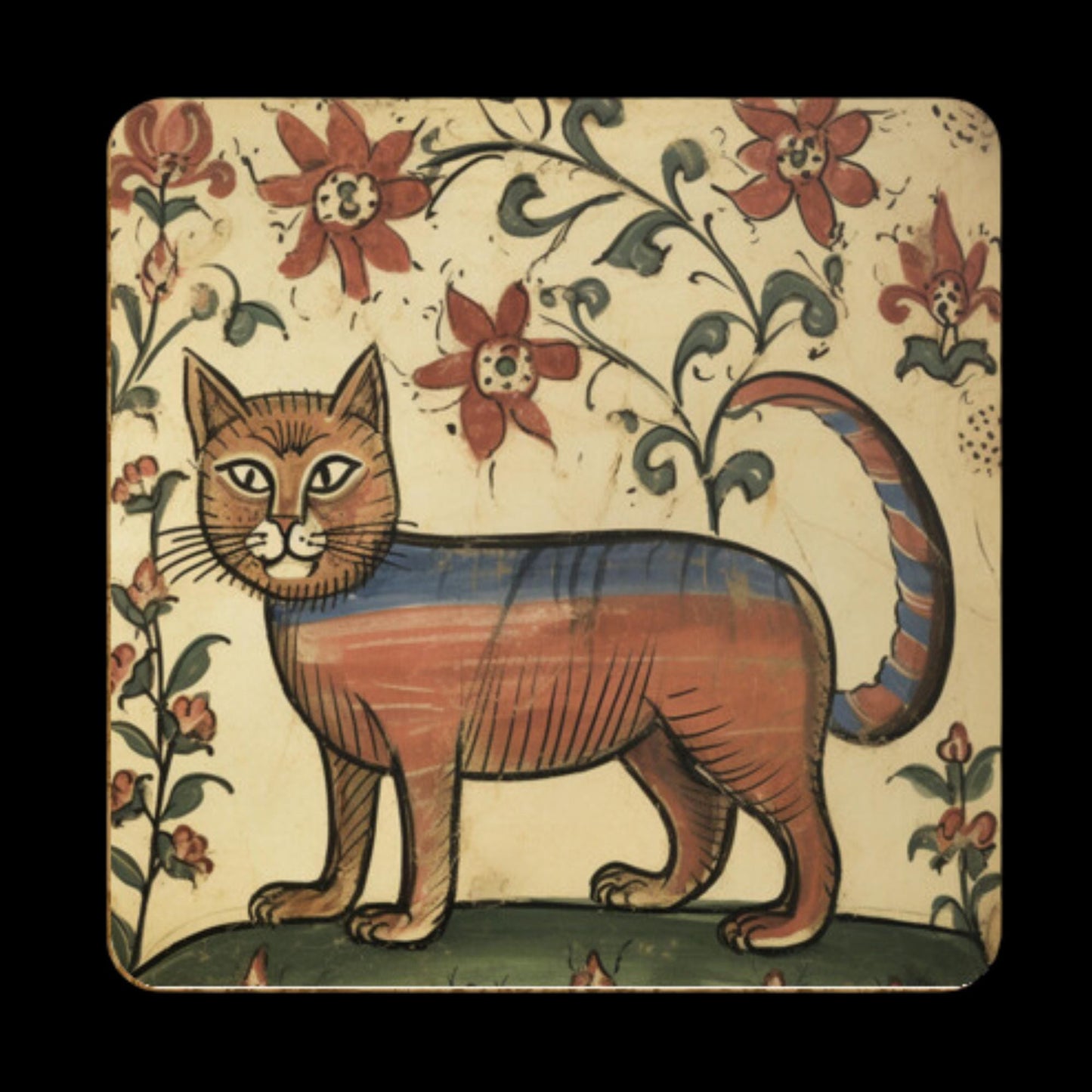 medieval cat artwork, historic home decor, quirky coaster set, floral cat illustrations, whimsical home gifts
