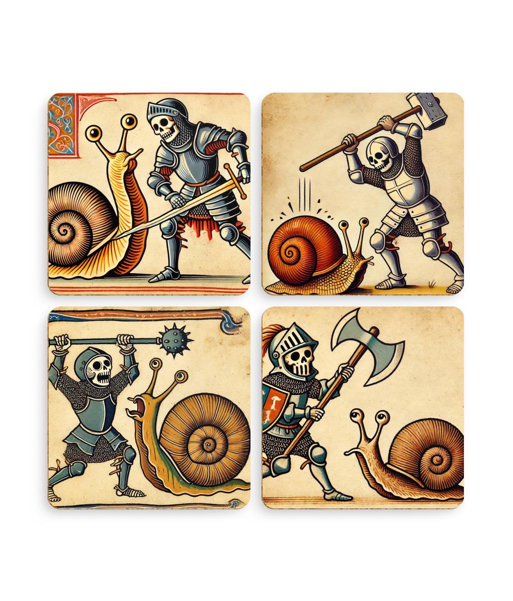 historical artwork, medieval marginalia, knights vs snails, funny coasters, medieval-themed gifts