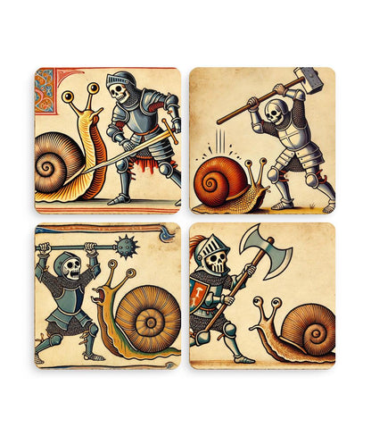 historical artwork, medieval marginalia, knights vs snails, funny coasters, medieval-themed gifts