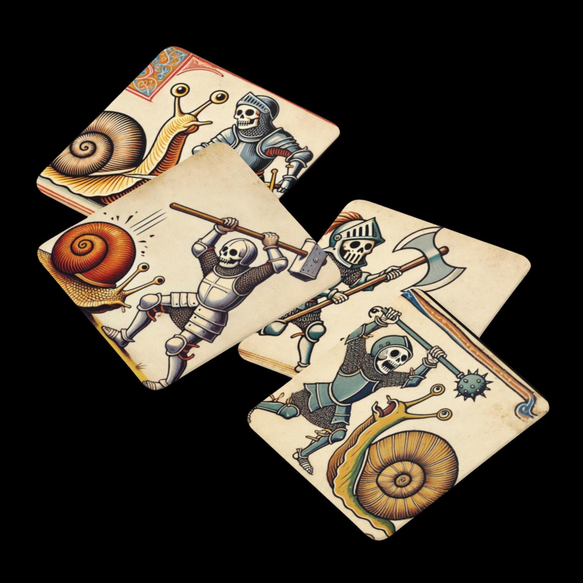 snail battle coasters, quirky skeleton art, medieval cork coasters, snails and knights, fun coasters for home