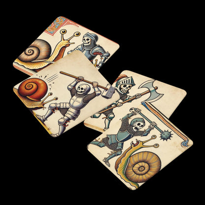 snail battle coasters, quirky skeleton art, medieval cork coasters, snails and knights, fun coasters for home