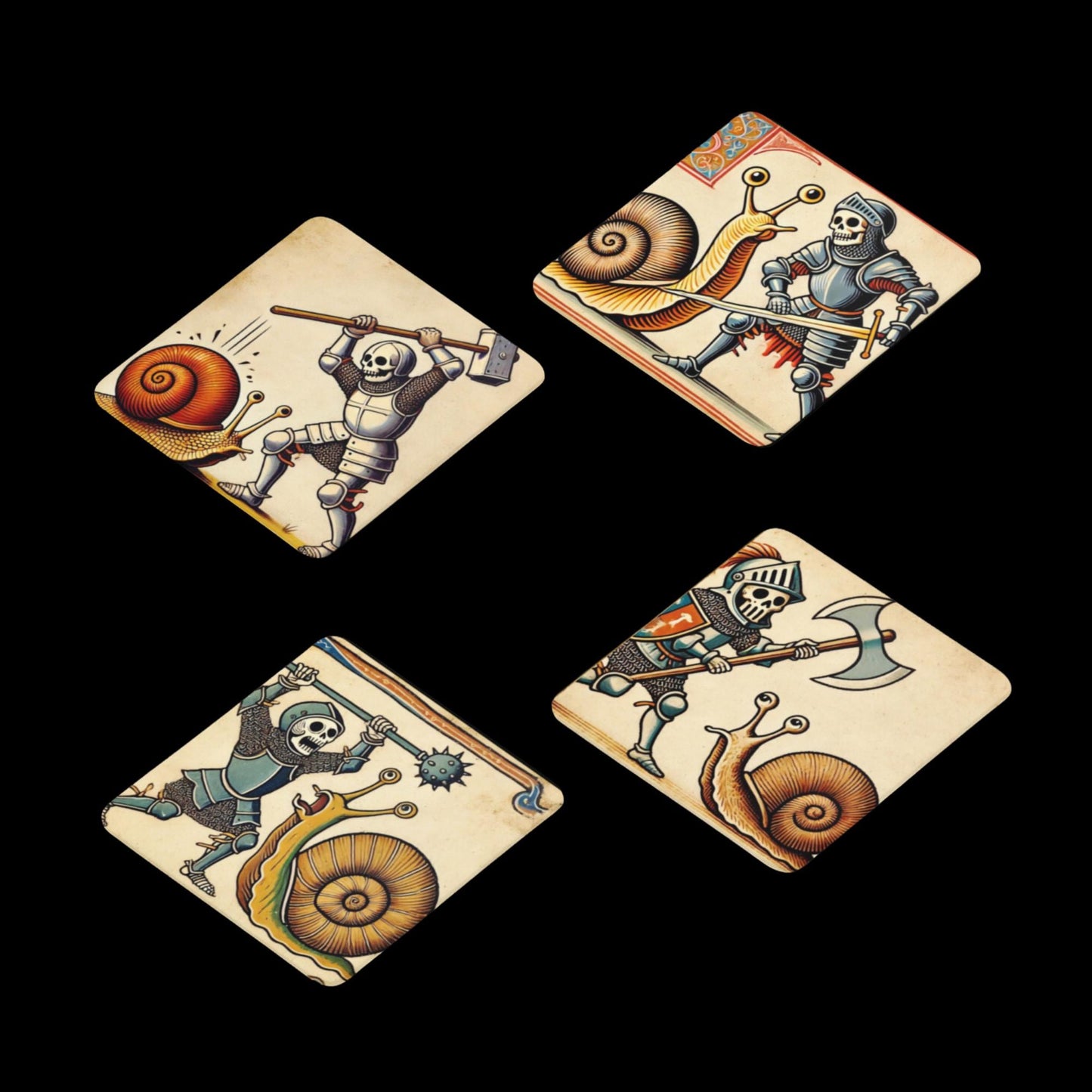 historical themed coasters, skeleton knight fighting snails, weird art coasters, snail decor, medieval gift set