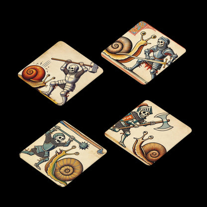 historical themed coasters, skeleton knight fighting snails, weird art coasters, snail decor, medieval gift set