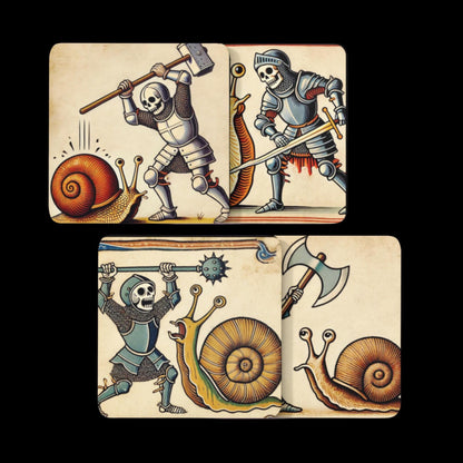 unique coaster set, skeleton warriors, snail-themed decor, medieval art gifts, weird coasters