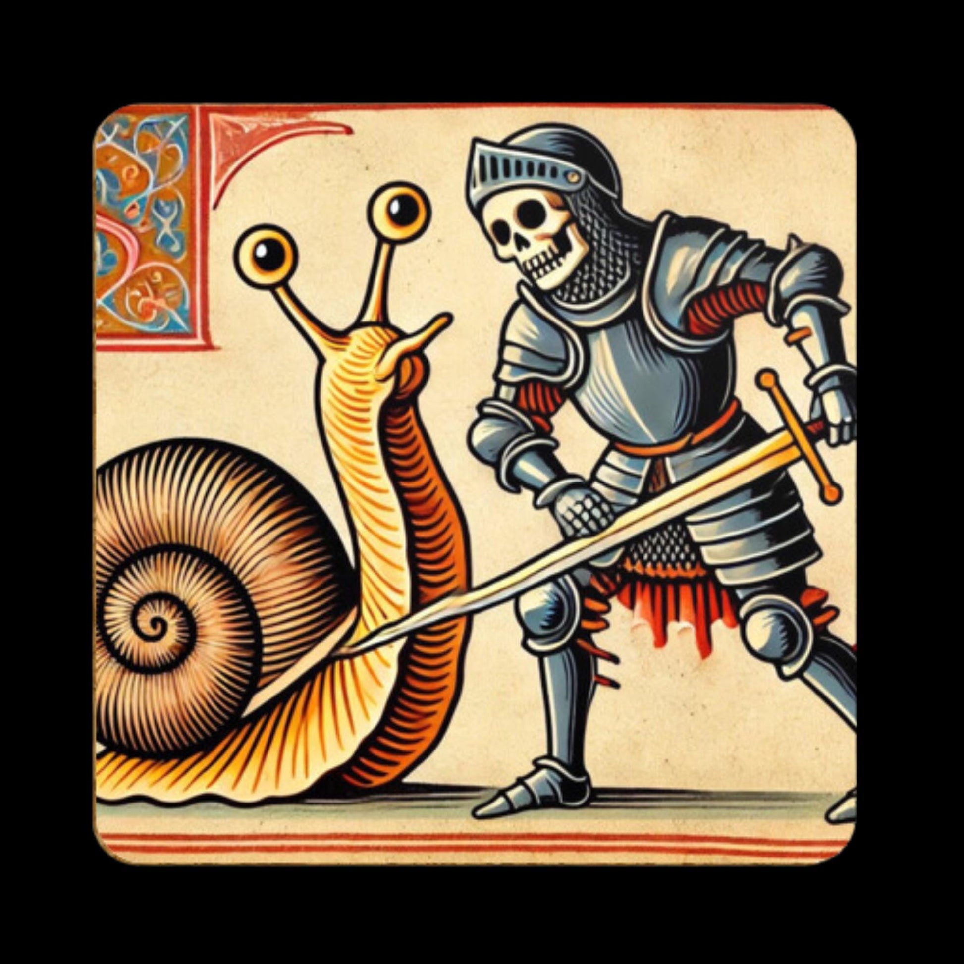 history lover birthday gift, illustrated coasters, medieval history art, skeleton knight battle, snail and knight, humorous home accessories